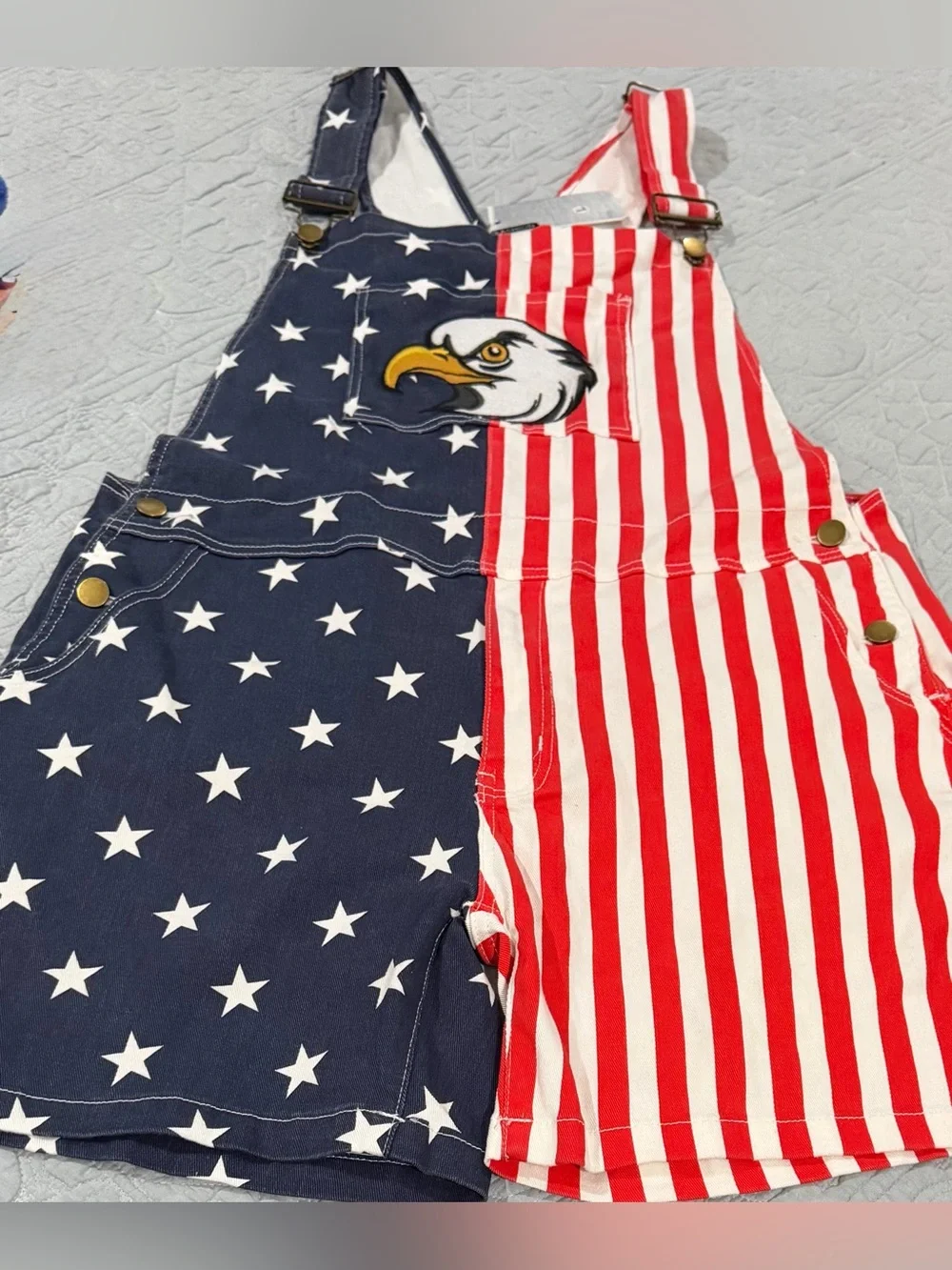 Men’s Patriotic Eagle Overalls Shorts! 5 pockets, zip fly, adjustable straps!